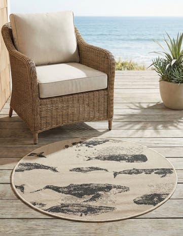 Beige Easy-Clean Coastal Indoor / Outdoor Round Rug