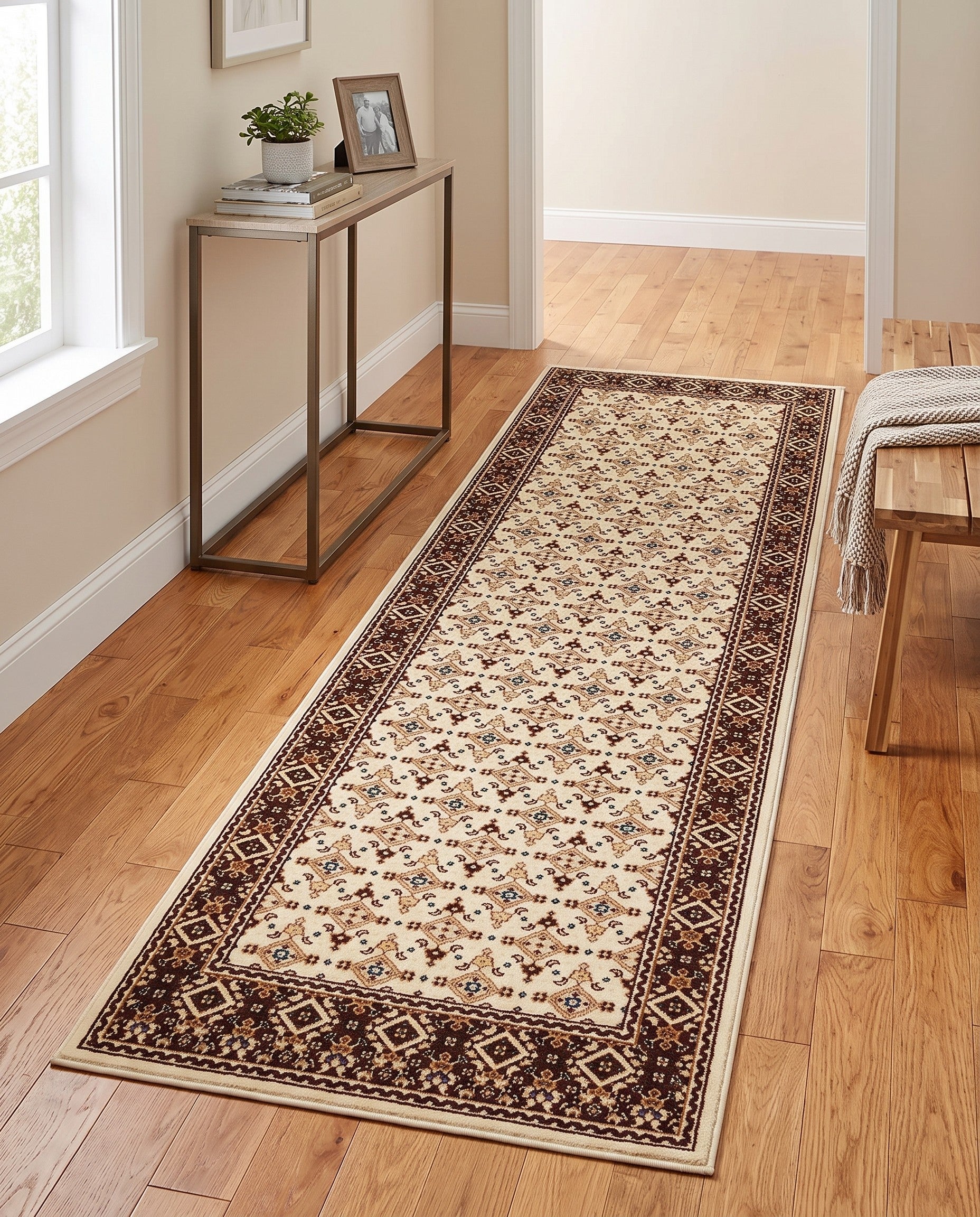Ivory and Burgundy Nain Design Runner Rug