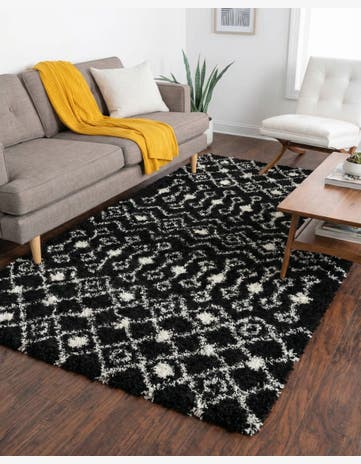 Black and White Moroccan Trellis Shag Rug
