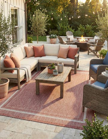 Rust Red Easy-Clean Border Indoor / Outdoor Rug