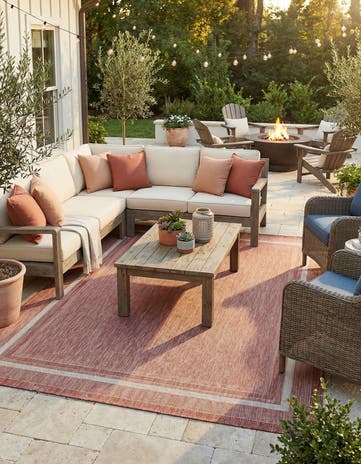 Rust Red Easy-Clean Border Indoor / Outdoor Rug