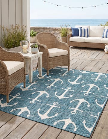 Teal Easy-Clean Coastal Indoor / Outdoor Square Rug