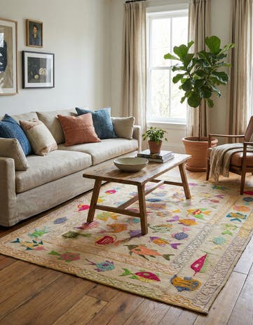 4' 9 x 6' 7 Hand Woven Kilim Suzani Wool Rug