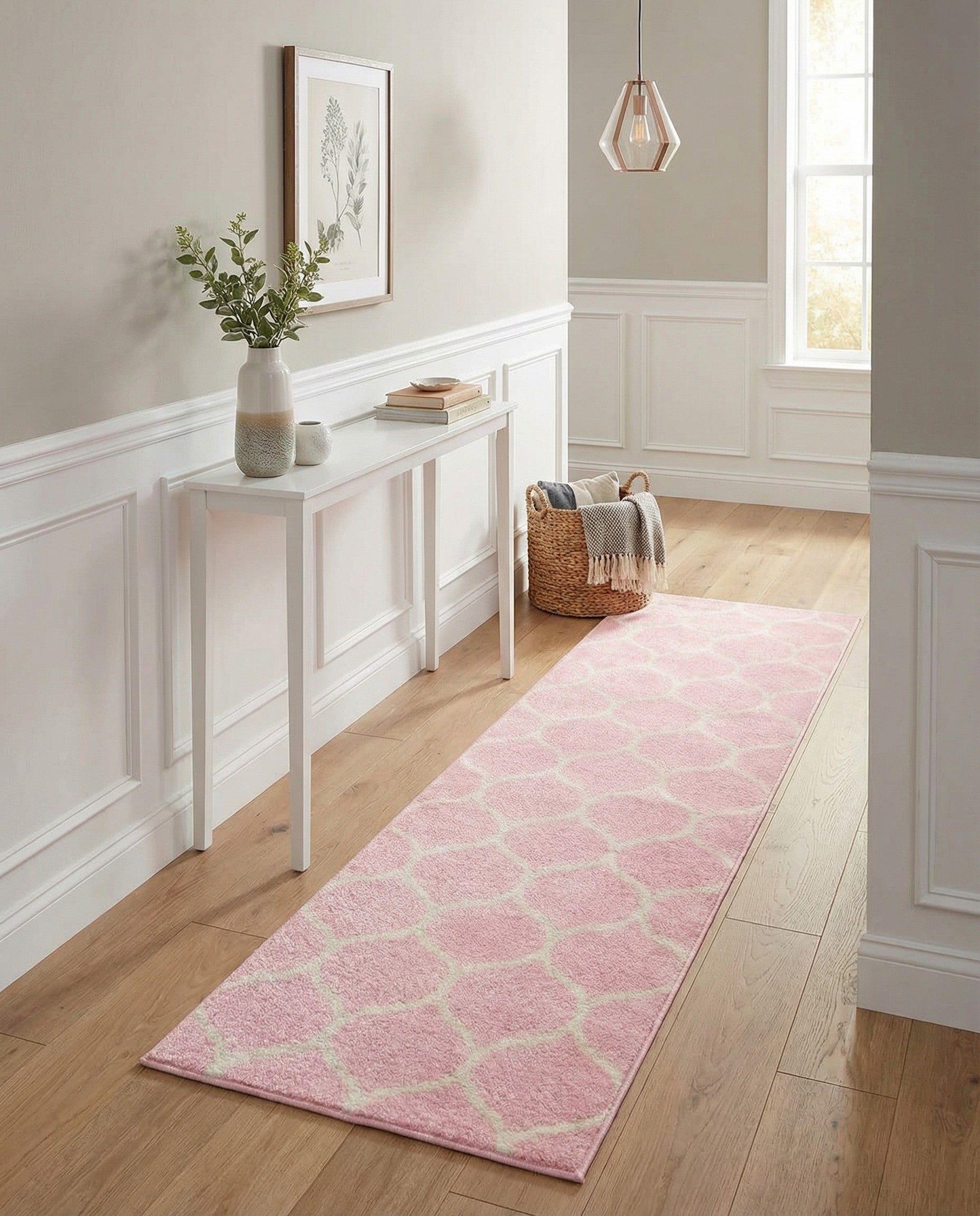 A 6 ft pink runner rug with a repeating off-white trellis pattern, ideal for a hallway or kitchen.