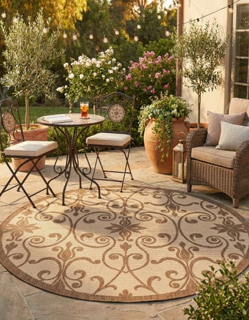 Brown Easy-Clean Botanical Indoor / Outdoor Round Rug