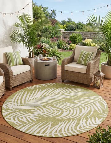 Green Easy-Clean Botanical Indoor / Outdoor Round Rug
