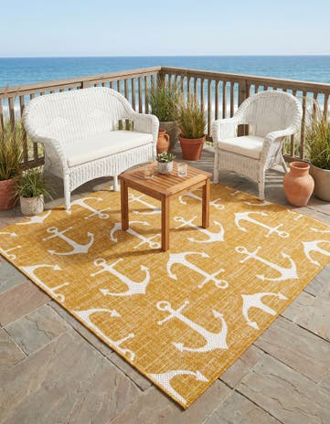 Yellow Easy-Clean Coastal Indoor / Outdoor Square Rug
