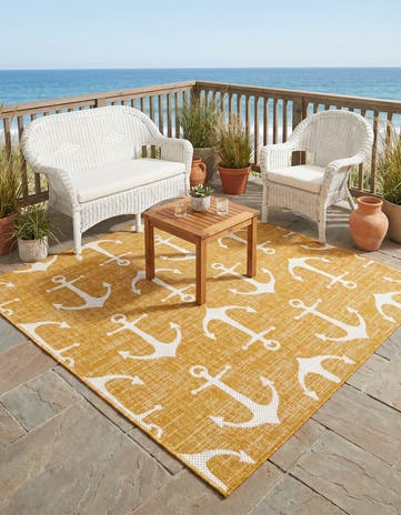 Yellow Easy-Clean Coastal Indoor / Outdoor Square Rug