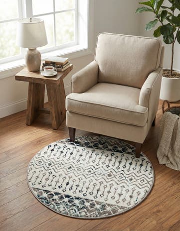 Ivory Gray Blue Moroccan Trellis Round Rug