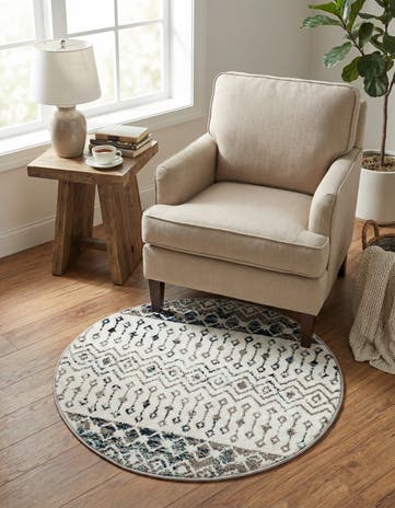 Ivory Gray Blue Moroccan Trellis Round Rug