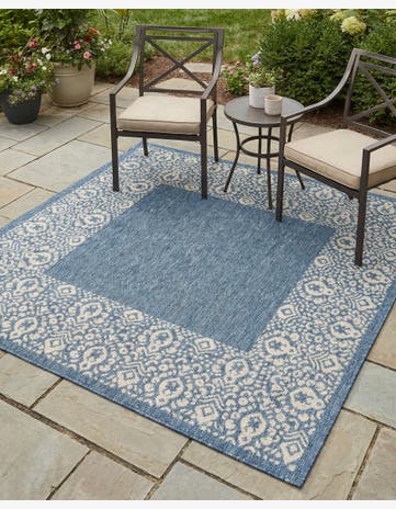 Blue Easy-Clean Border Indoor / Outdoor Square Rug