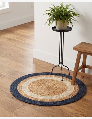 Navy Blue White Natural Handmade Braided Jute Round Rug