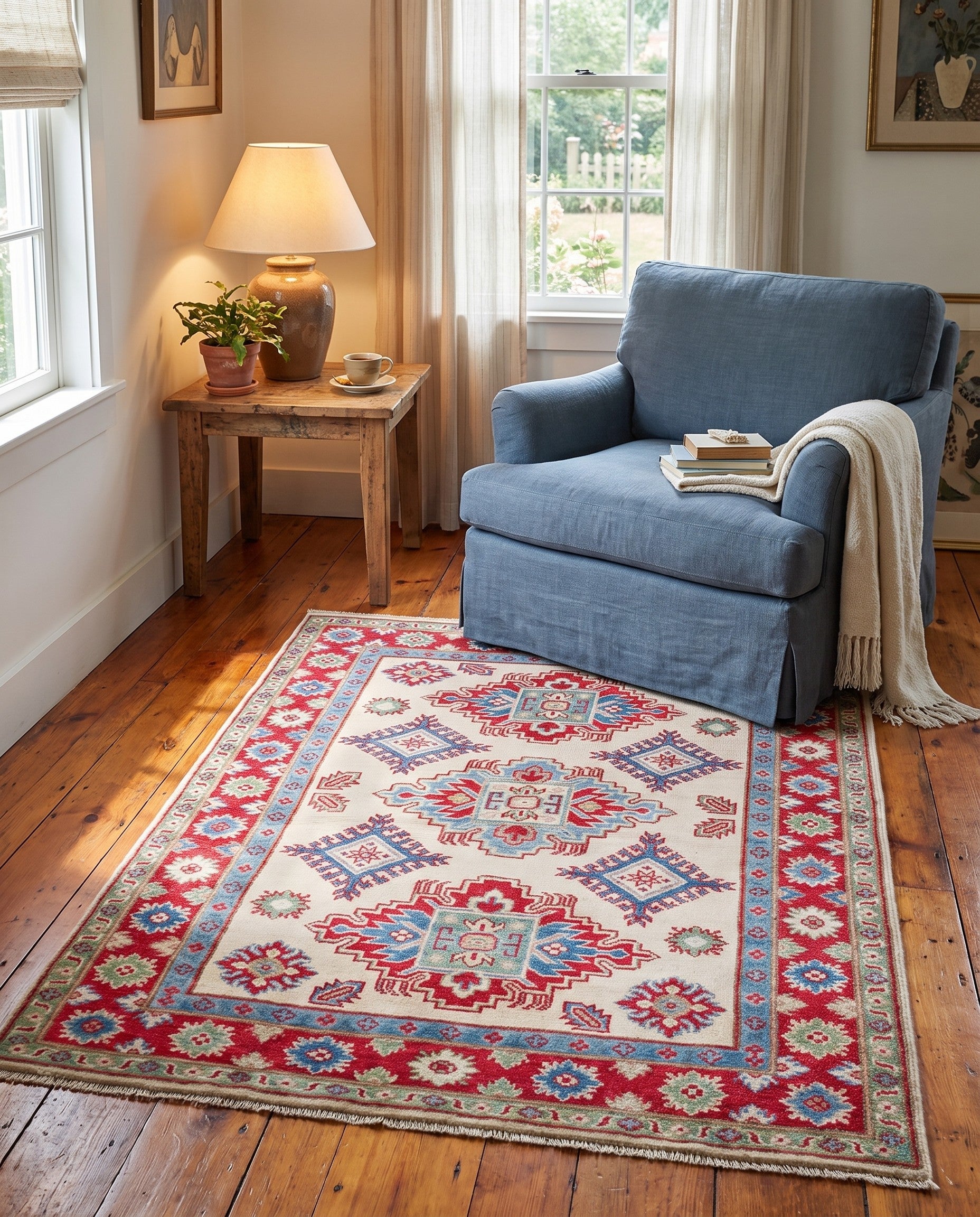 3' 4 x 4' 6 Hand Knotted Kazak Rug