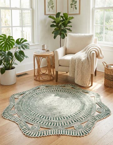 Green and White Handmade Braided Jute Round Rug