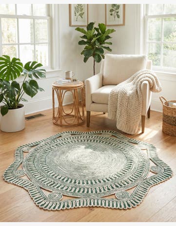 Green and White Handmade Braided Jute Round Rug