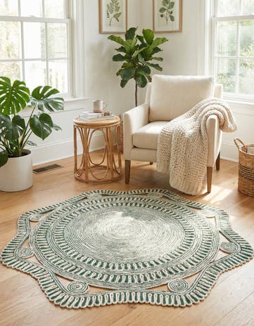 Green and White Handmade Braided Jute Round Rug