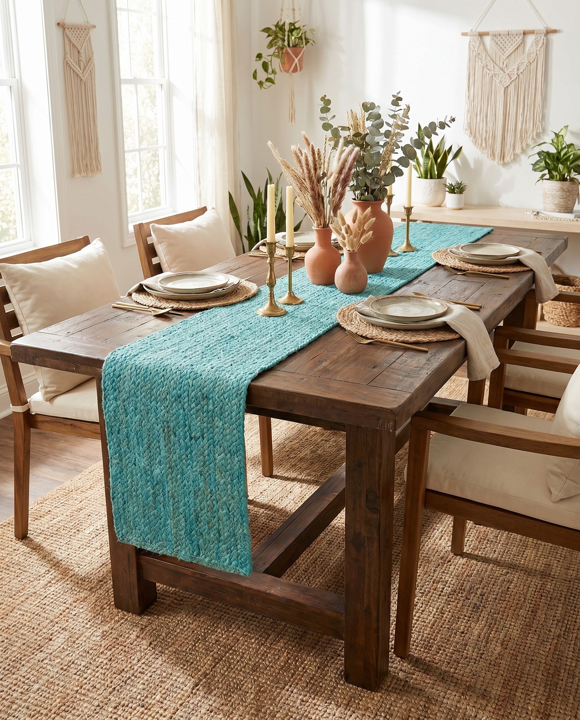 Turquoise Handmade Braided Jute Table Runner Rug