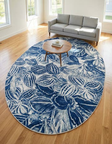 Navy Blue Blossom Oval Rug