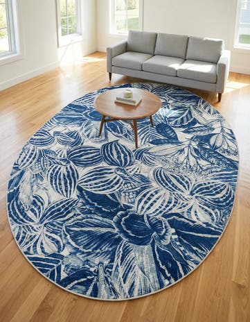 Navy Blue Blossom Oval Rug