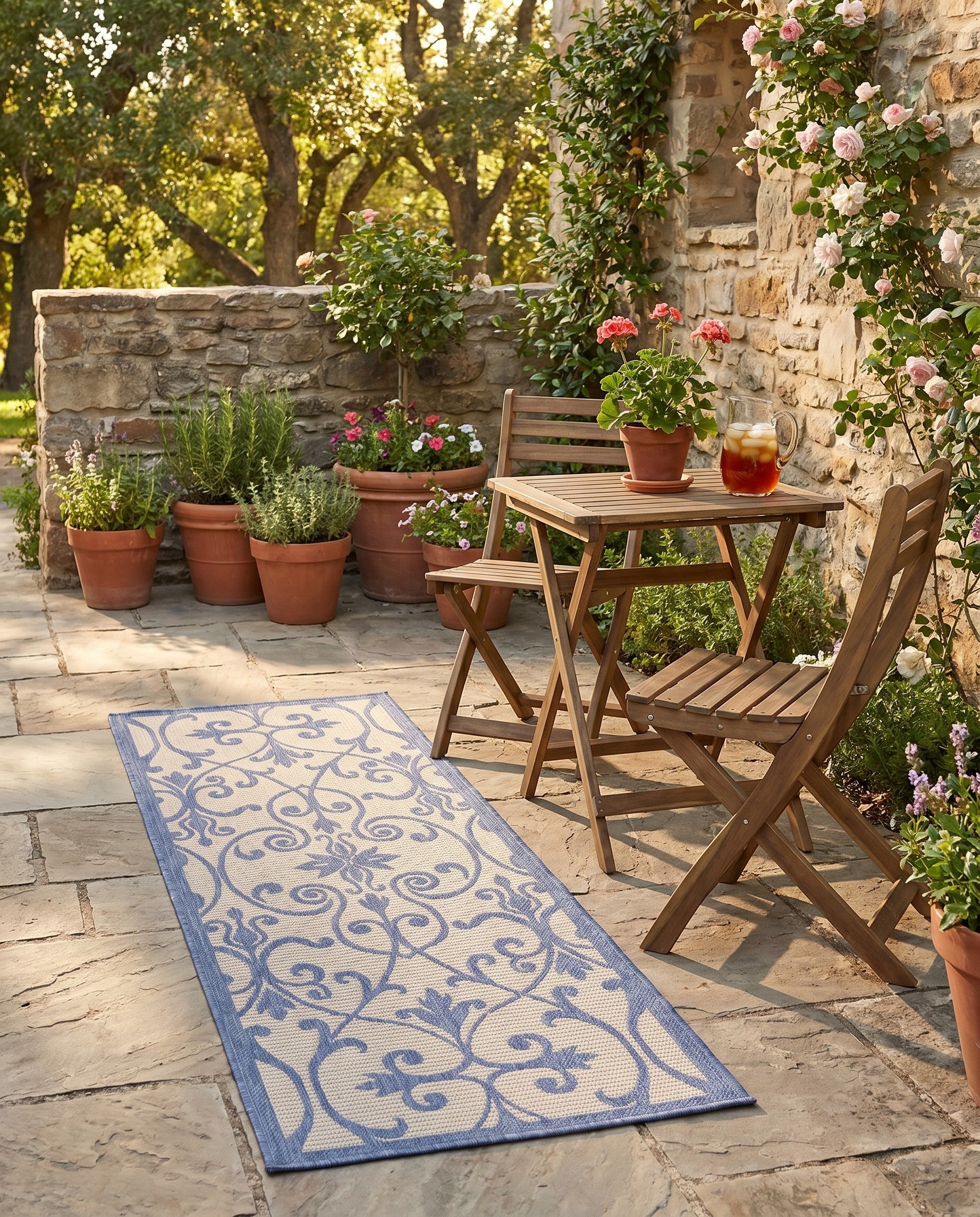 Blue Easy-Clean Botanical Indoor / Outdoor Runner Rug