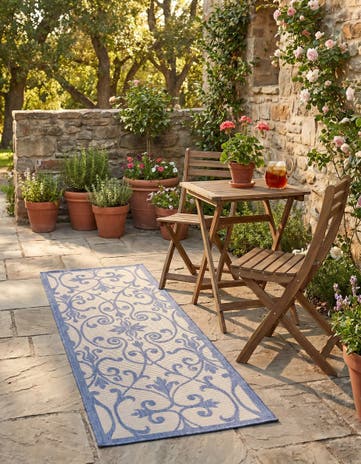 Blue Easy-Clean Botanical Indoor / Outdoor Runner Rug