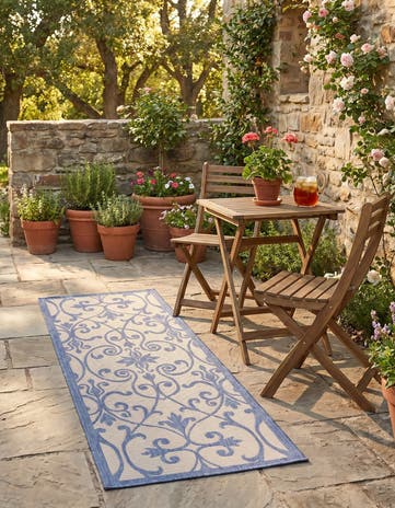 Blue Easy-Clean Botanical Indoor / Outdoor Runner Rug