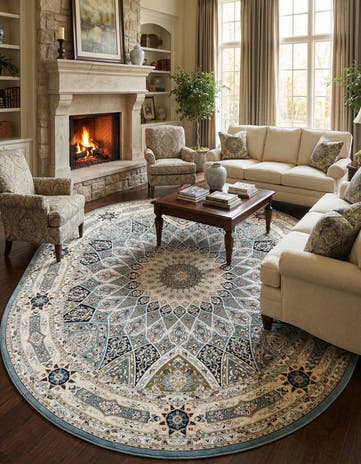 Blue Nain Design Oval Rug