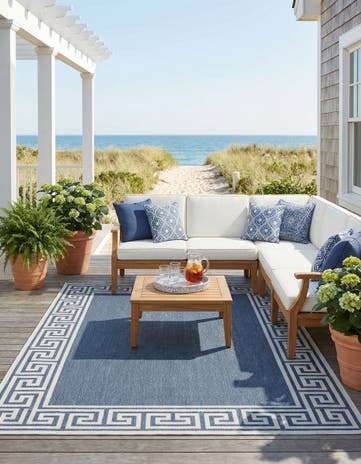 Navy Blue Easy-Clean Coastal Indoor / Outdoor Rug