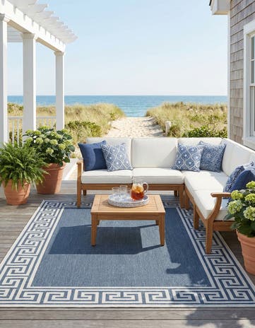 Navy Blue Easy-Clean Coastal Indoor / Outdoor Rug