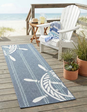 Navy Blue Easy-Clean Coastal Indoor / Outdoor Runner Rug