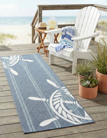 Navy Blue Easy-Clean Coastal Indoor / Outdoor Runner Rug