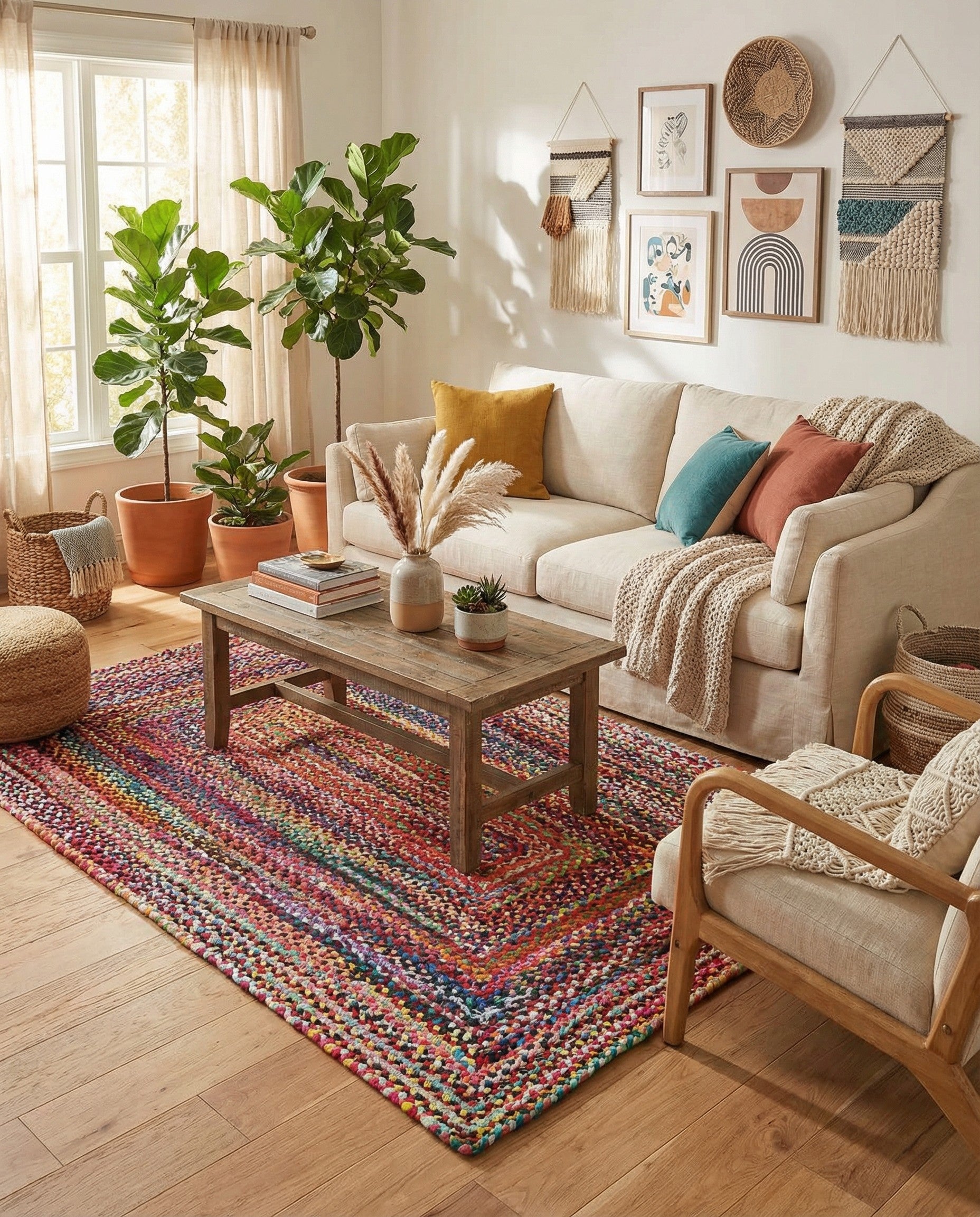 A rectangular 5x8 multi-colored braided chindi rug with a vibrant, textured pattern, suitable for a living room or office.