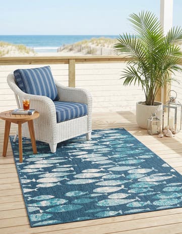 Blue Easy-Clean Coastal Indoor / Outdoor Rug