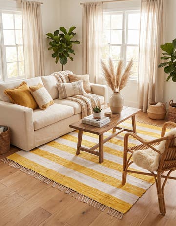 Yellow and Ivory Hand Woven Chindi Rag Square Rug