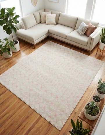 Ivory and Pink Moroccan Trellis Square Rug