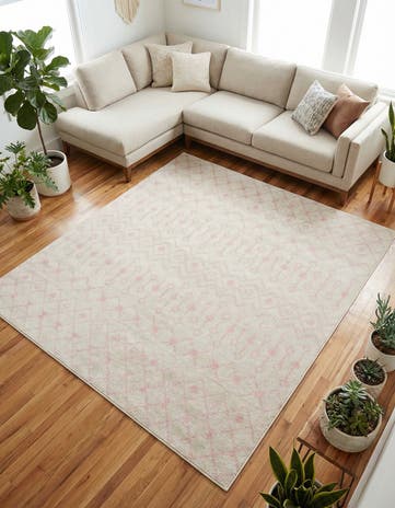 Ivory and Pink Moroccan Trellis Square Rug