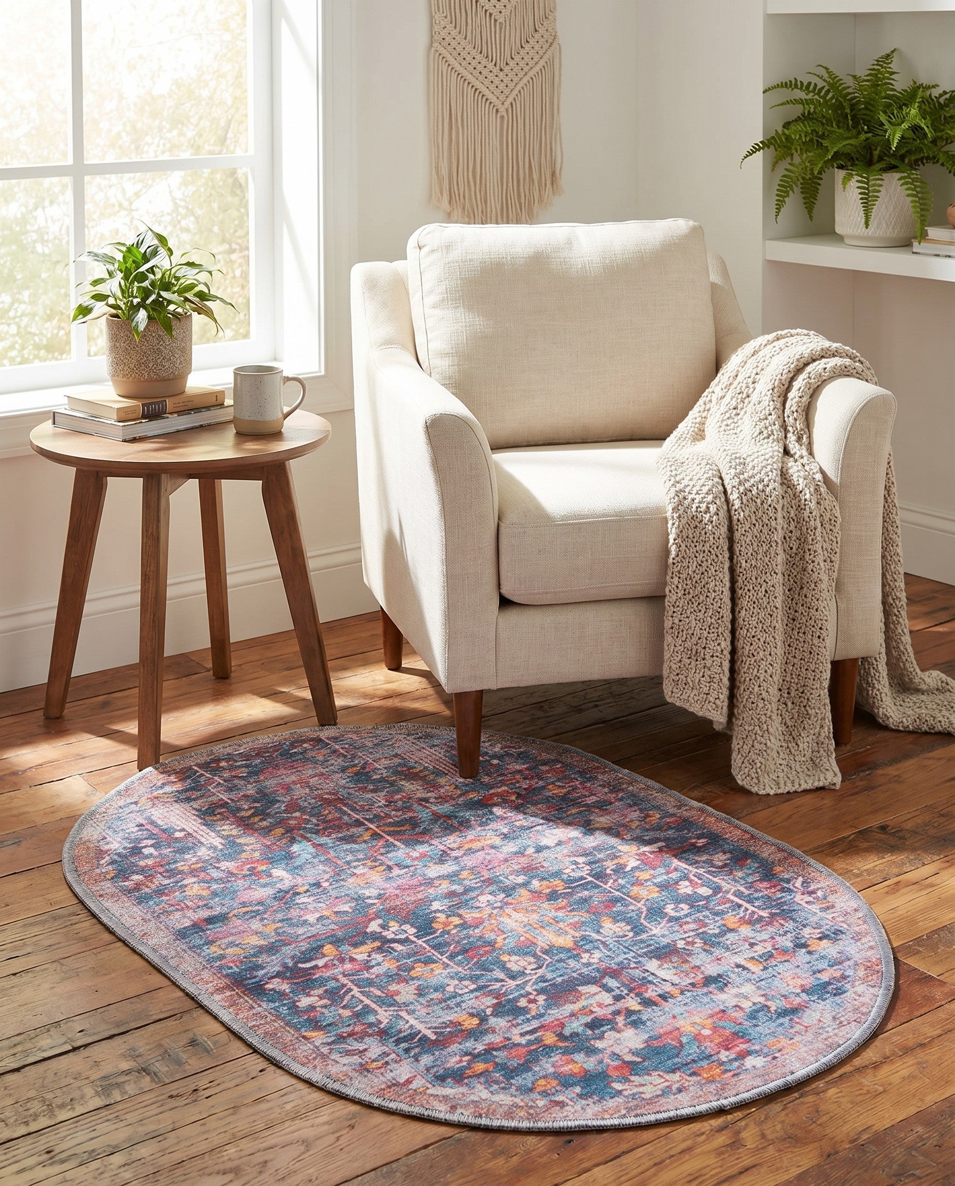 Navy Blue Washable Maahru Oval Rug