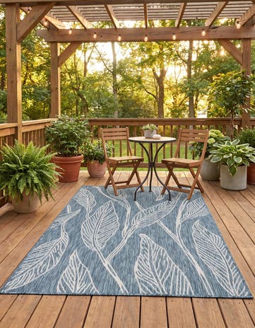 Teal Easy-Clean Botanical Indoor / Outdoor Rug