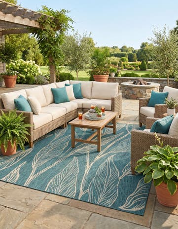 Teal Easy-Clean Botanical Indoor / Outdoor Square Rug
