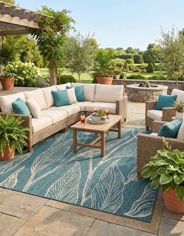 Teal Easy-Clean Botanical Indoor / Outdoor Square Rug