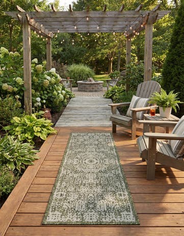 Green Easy-Clean Traditional Indoor / Outdoor Runner Rug
