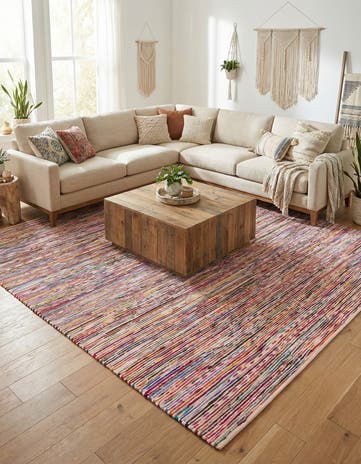Multi White Hand Woven Chindi Cotton Square Rug