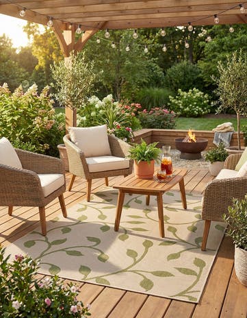 Beige Easy-Clean Botanical Indoor / Outdoor Rug