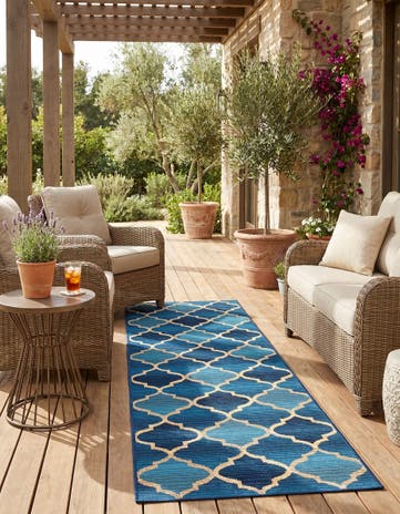 Blue Easy-Clean Lattice Indoor / Outdoor Runner Rug