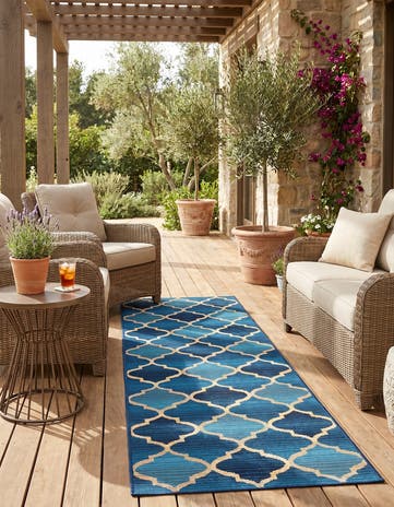 Blue Easy-Clean Lattice Indoor / Outdoor Runner Rug