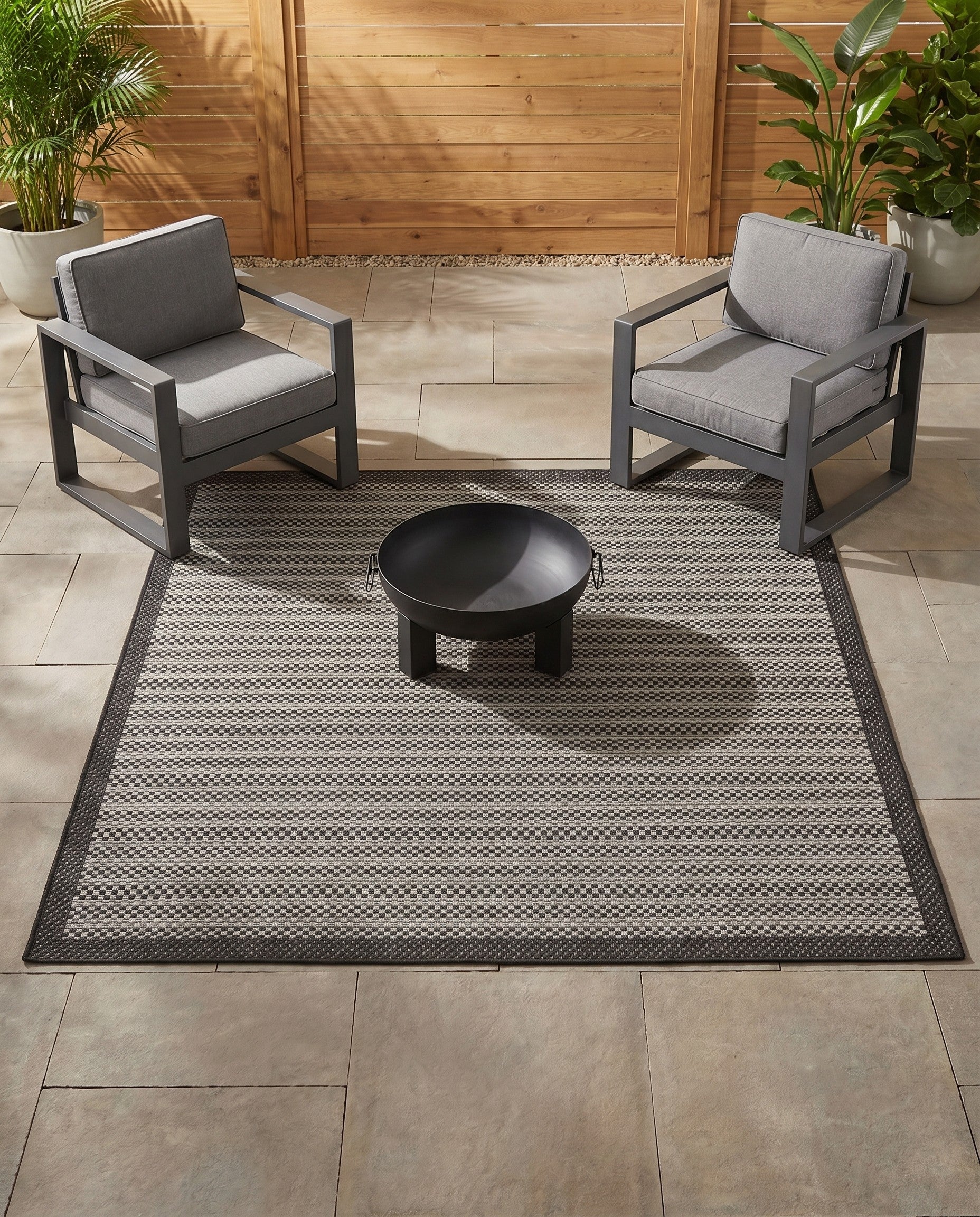 Gray Easy-Clean Border Indoor / Outdoor Square Rug