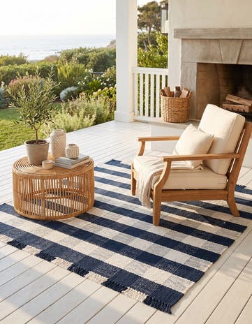 Navy Blue Easy-Clean Eco Plaid Washable Indoor / Outdoor Square Rug