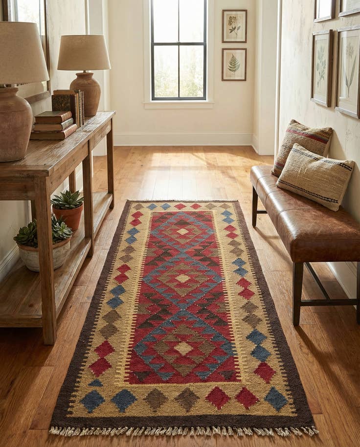 Detail image of 3' 2 x 6' 6 Hand Woven Kilim Maymana Wool Runner Rug