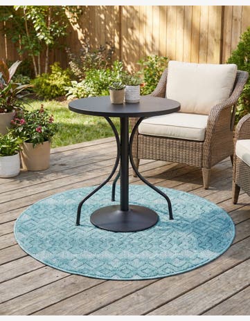 Aqua Easy-Clean Trellis Textured Indoor / Outdoor Round Rug