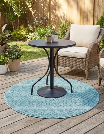 Aqua Easy-Clean Trellis Textured Indoor / Outdoor Round Rug